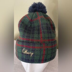 Obey Green and Red Plaid Beanie